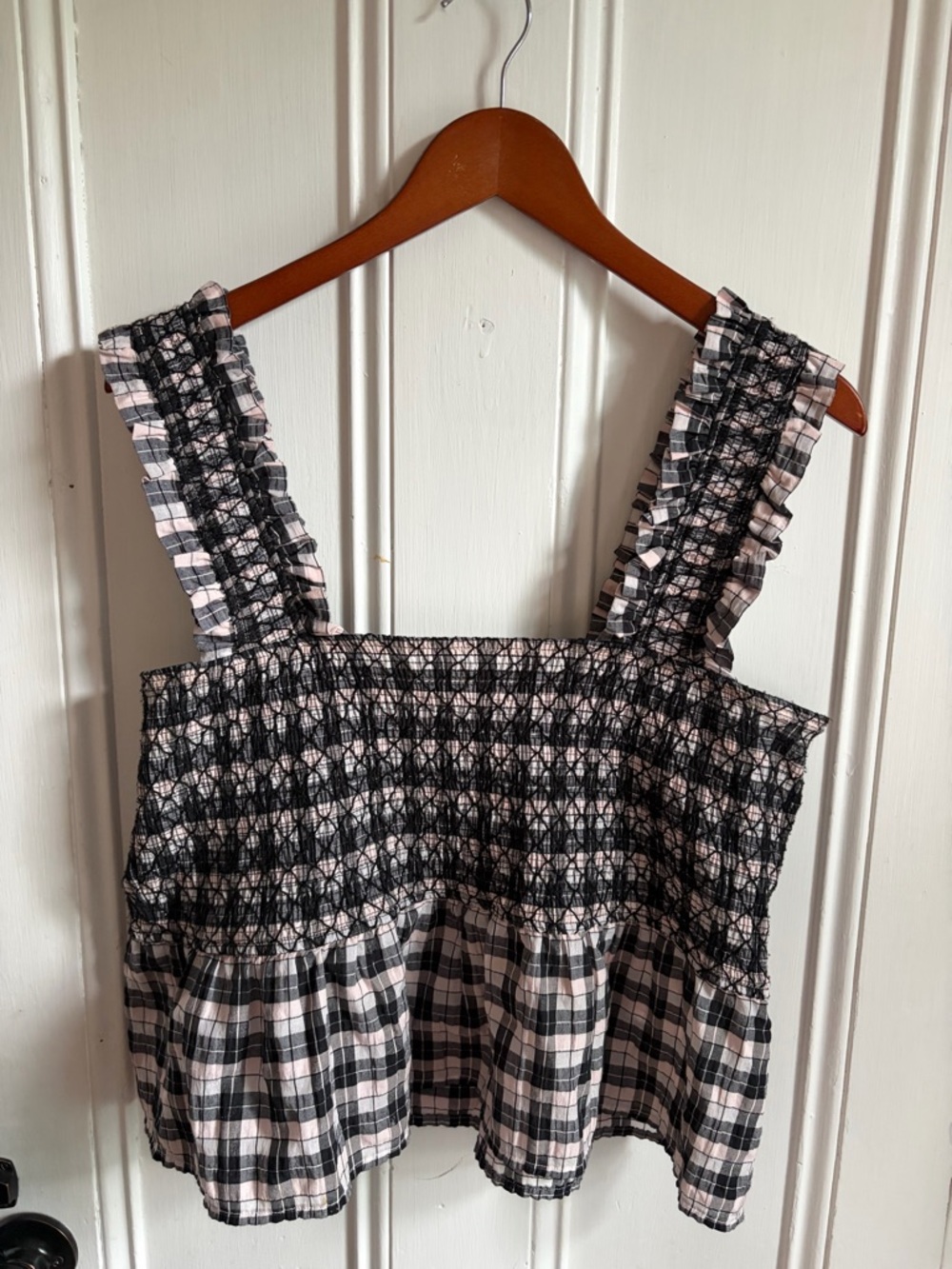 Ganni Seersucker Check Smocked Top Black Pink Ruffle Square Neck Size 38 6